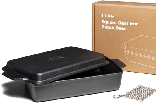 KUHA square cast iron Dutch oven with lid resting ajar next to its retail box and a stainless steel chainmail scrubber