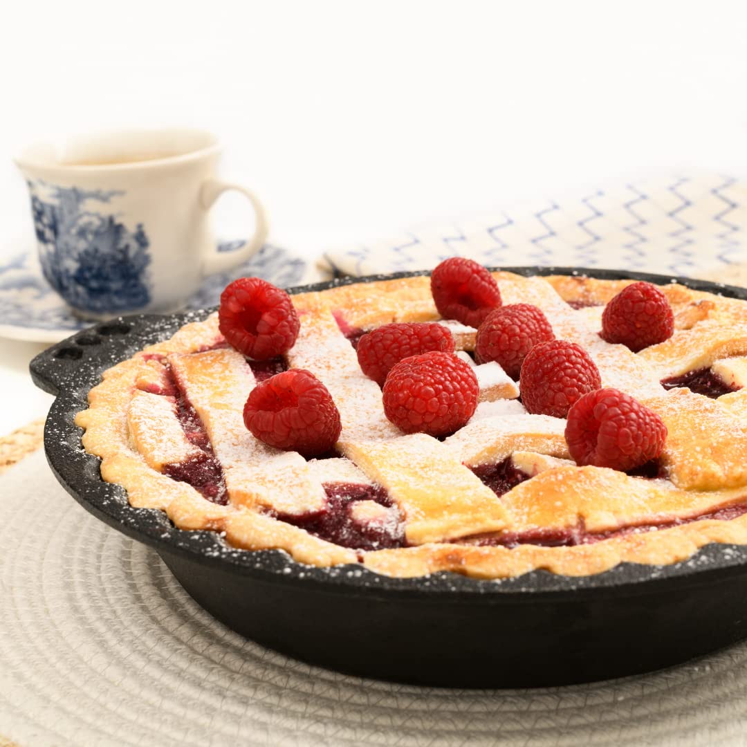 Pie Pan - 9” Cast Iron Skillet for Baking Apple, Pumpkin, Cherry Pies - with Silicone Trivet - by KUHA