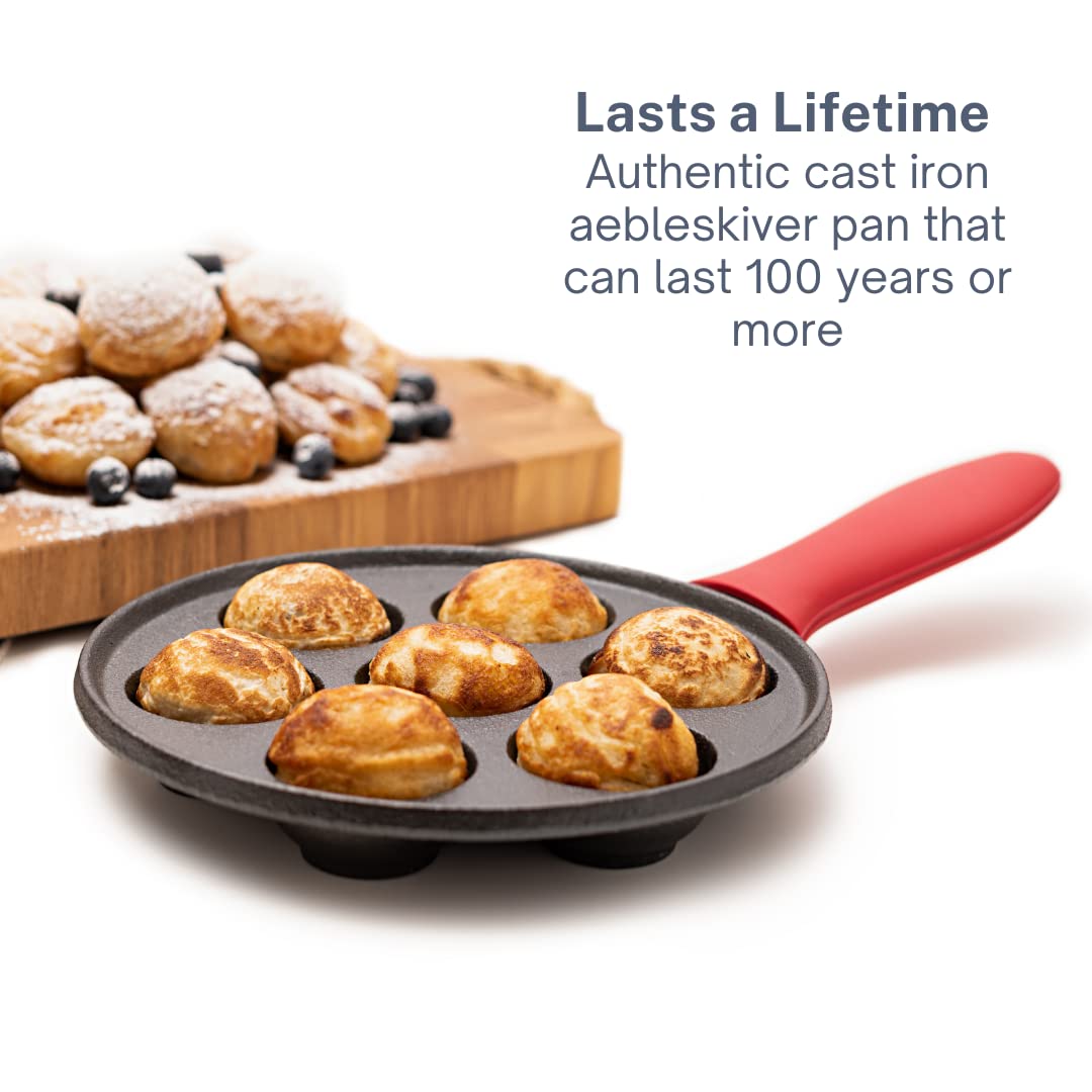 Cast Iron Aebleskiver Pan for Authentic Danish Stuffed Pancakes - Complete with Bamboo Skewers, Silicone Handle and Oven Mitt - by KUHA