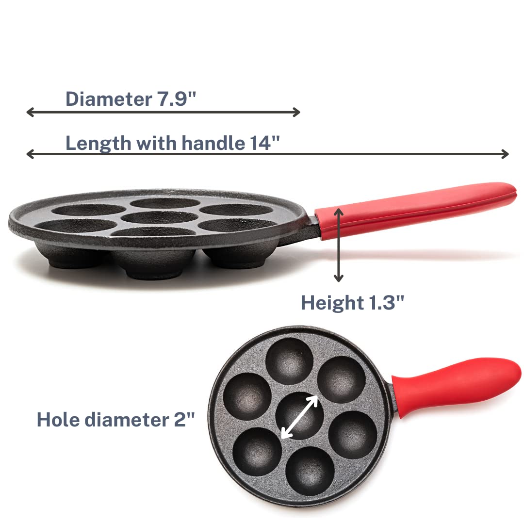 Cast Iron Aebleskiver Pan for Authentic Danish Stuffed Pancakes - Complete with Bamboo Skewers, Silicone Handle and Oven Mitt - by KUHA