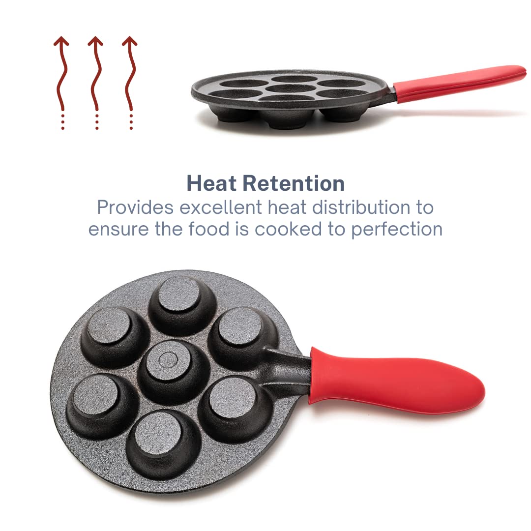 Cast Iron Aebleskiver Pan for Authentic Danish Stuffed Pancakes - Complete with Bamboo Skewers, Silicone Handle and Oven Mitt - by KUHA