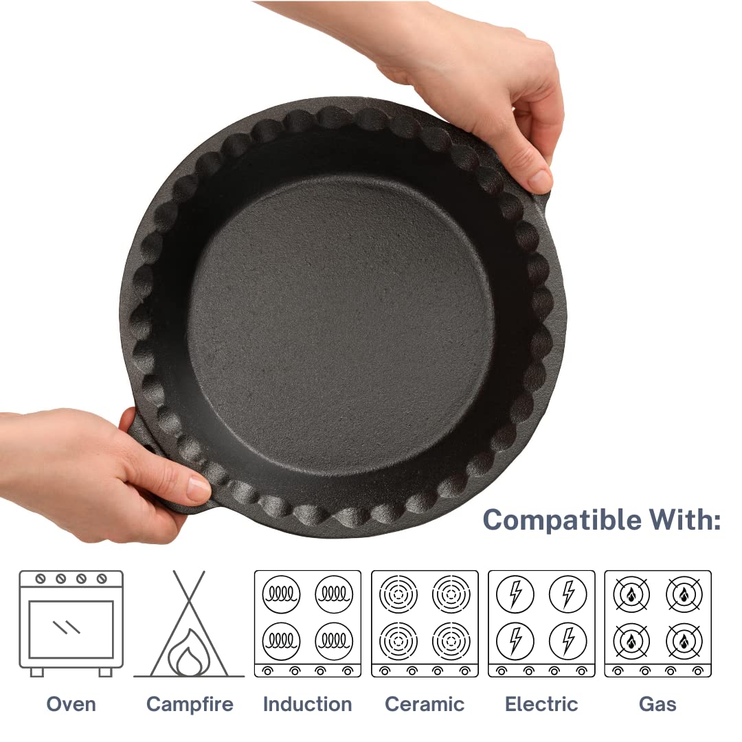 Pie Pan - 9” Cast Iron Skillet for Baking Apple, Pumpkin, Cherry Pies - with Silicone Trivet - by KUHA