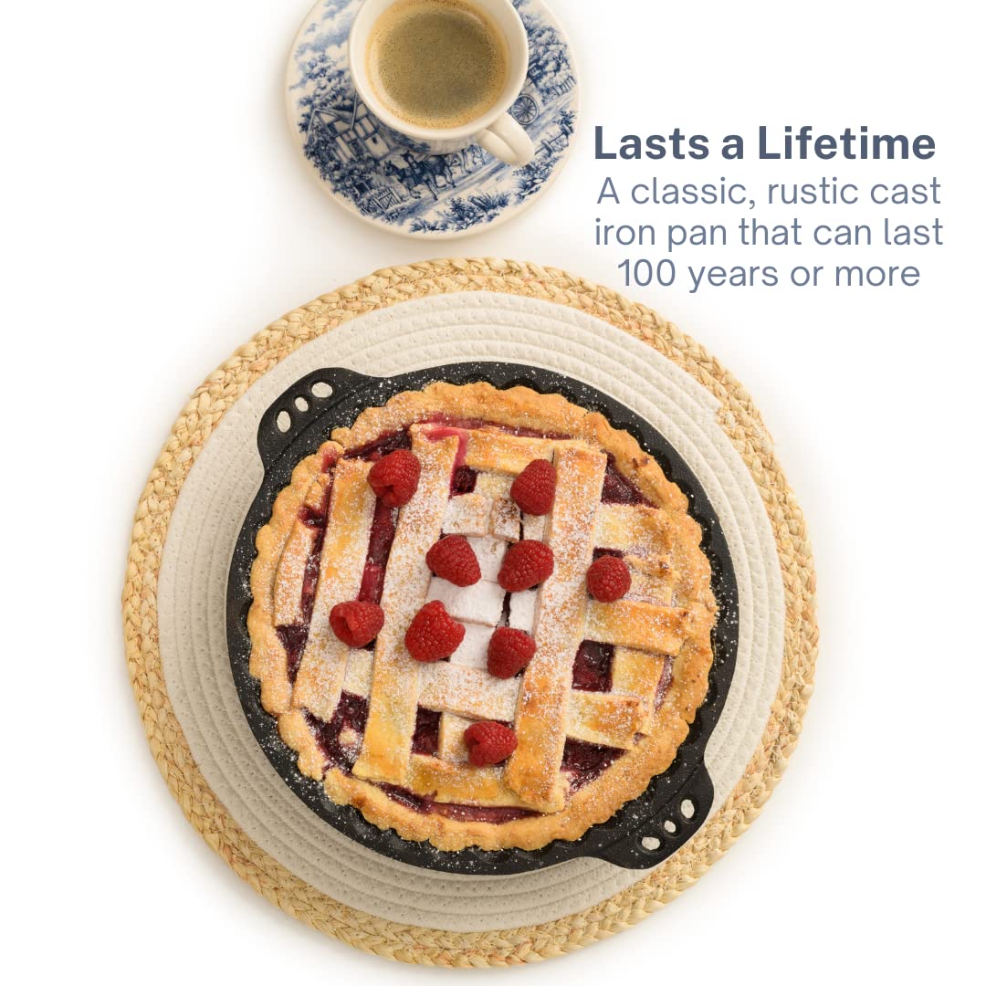 Pie Pan - 9” Cast Iron Skillet for Baking Apple, Pumpkin, Cherry Pies - with Silicone Trivet - by KUHA