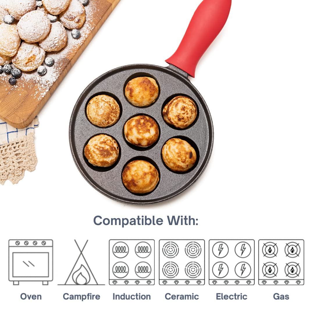 Cast Iron Aebleskiver Pan for Authentic Danish Stuffed Pancakes - Complete with Bamboo Skewers, Silicone Handle and Oven Mitt - by KUHA