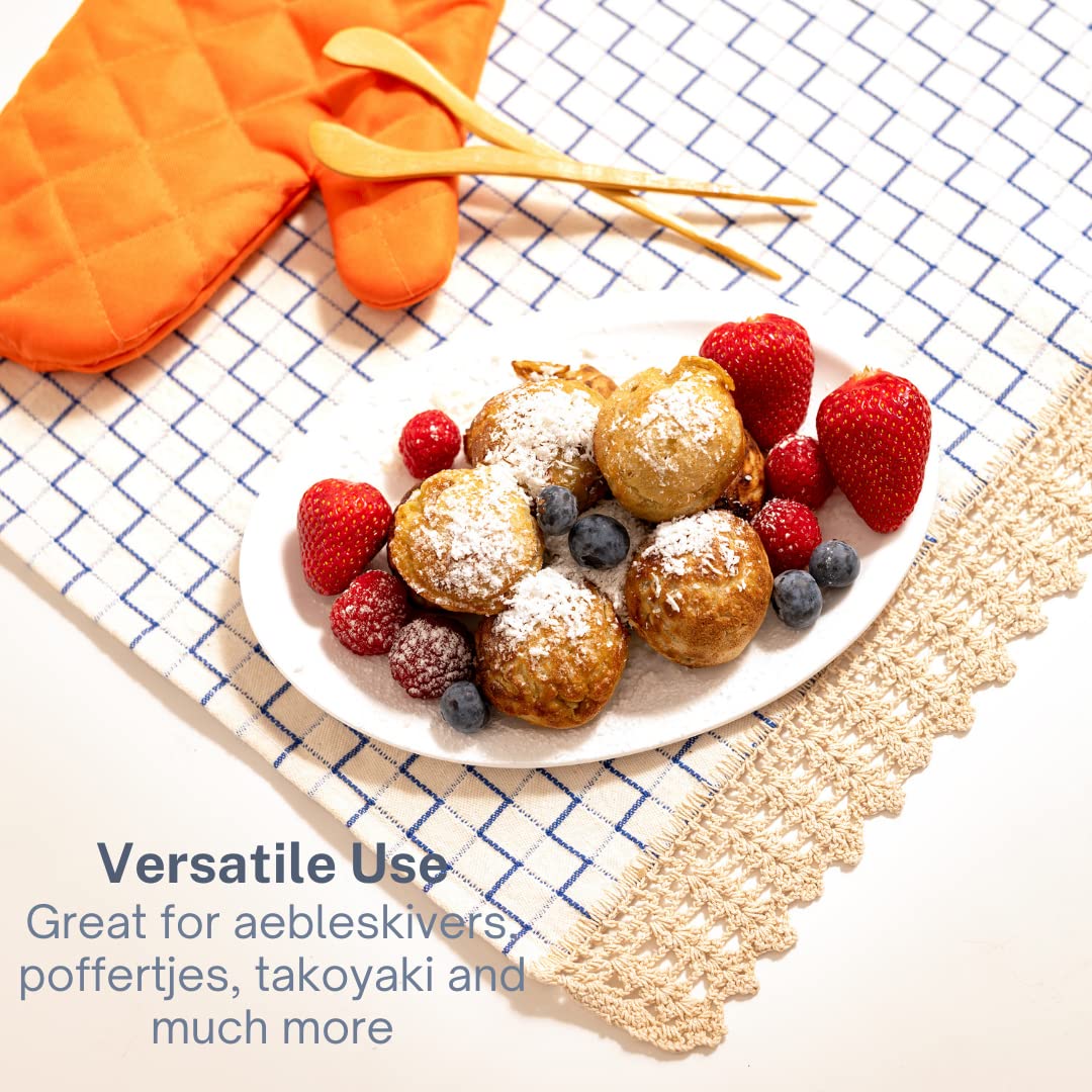 Cast Iron Aebleskiver Pan for Authentic Danish Stuffed Pancakes - Complete with Bamboo Skewers, Silicone Handle and Oven Mitt - by KUHA