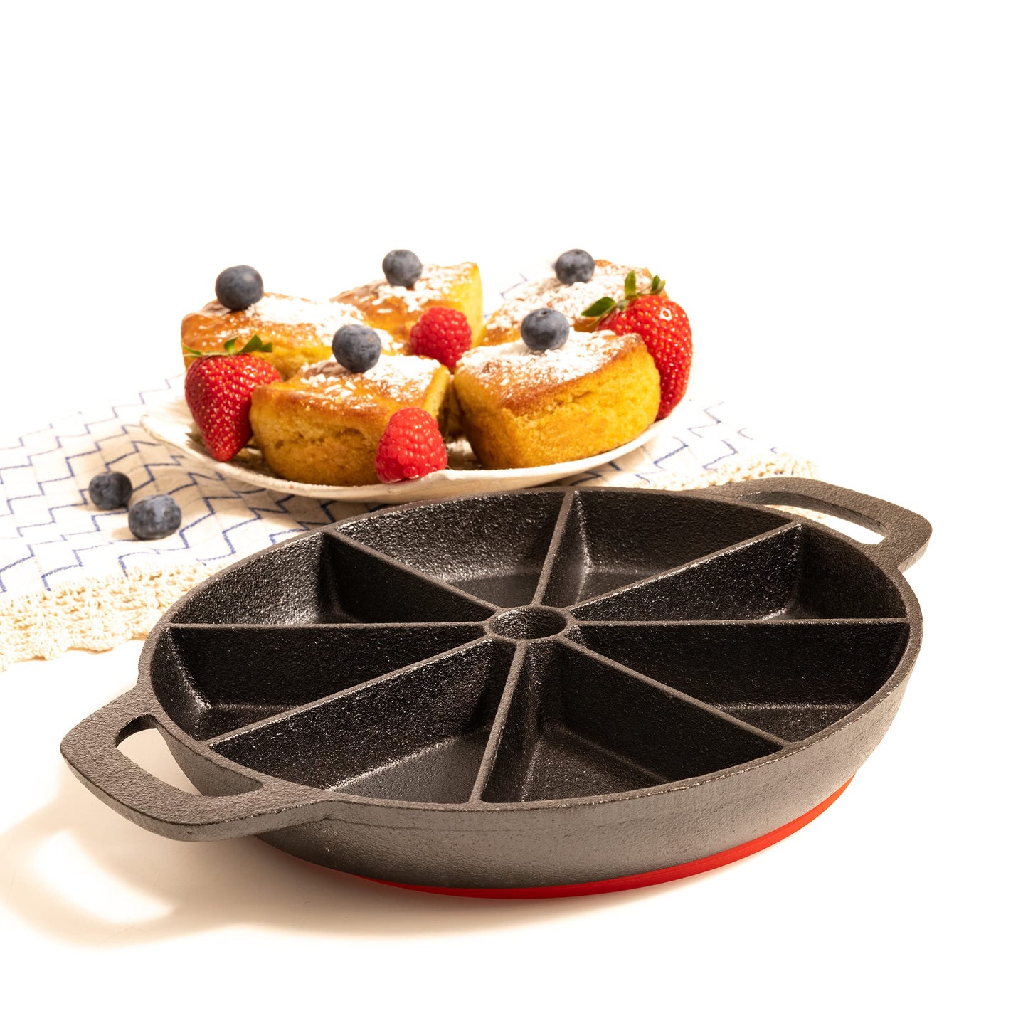 Cast Iron Scone Pan / Cornbread Pan for 8 Wedge Shaped Bakes, Pre-Seasoned - Comes with Oven Mitts, Silicone Trivet and Oil Brush - by KUHA