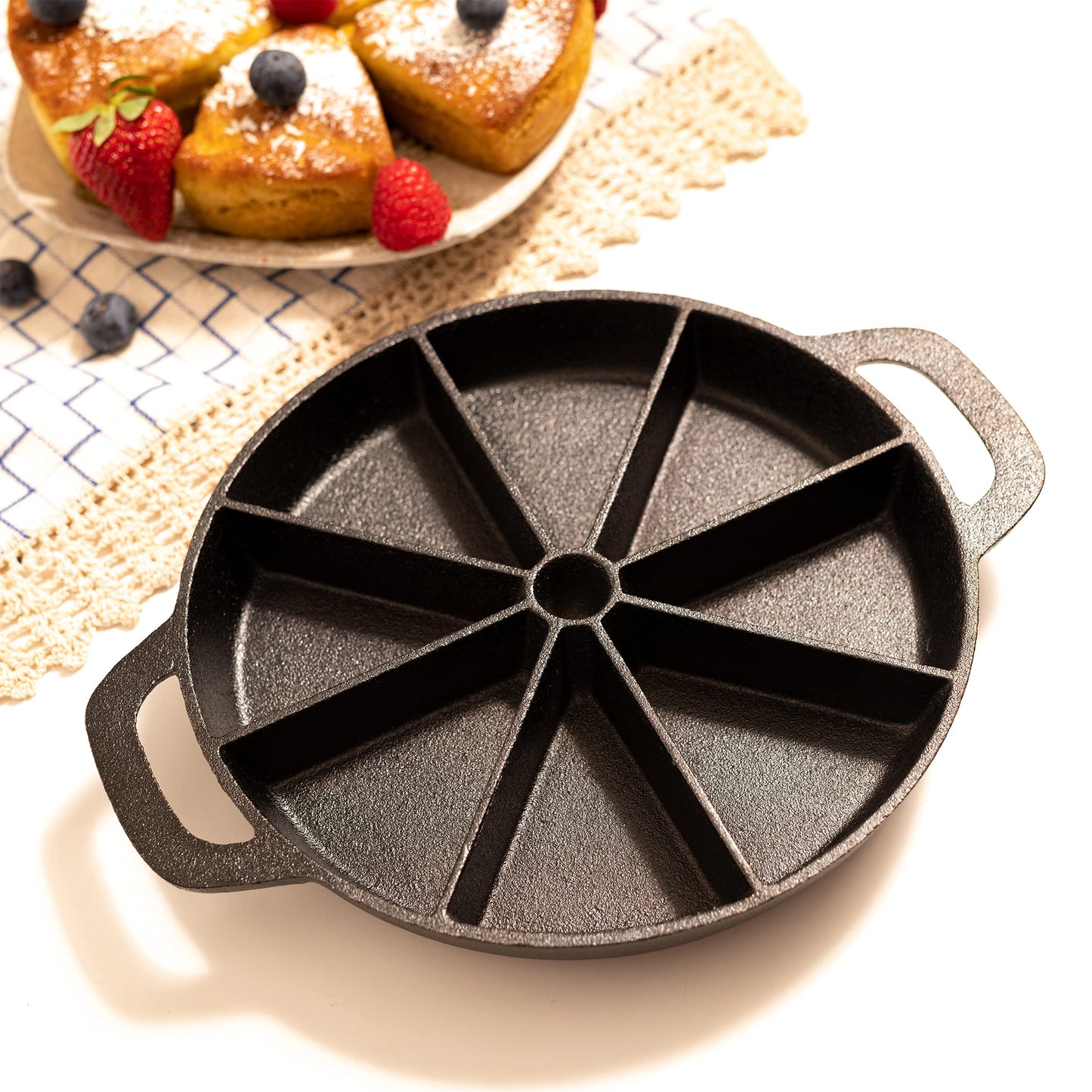 Cast Iron Scone Pan / Cornbread Pan for 8 Wedge Shaped Bakes, Pre-Seasoned - Comes with Oven Mitts, Silicone Trivet and Oil Brush - by KUHA