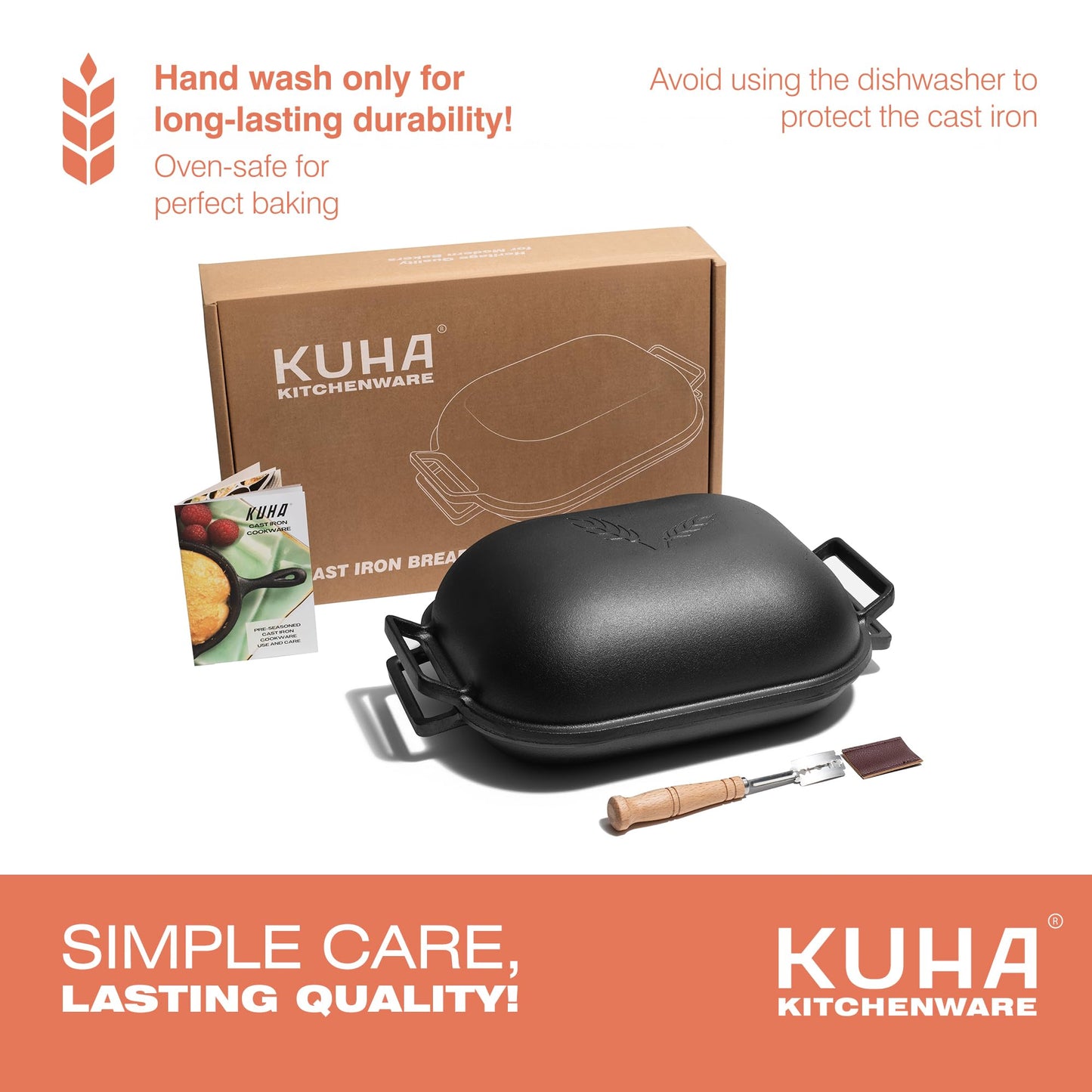 KUHA Cast Iron Bread Pan with Lid + Bread Lame - Black Heavy Duty Cast Iron Loaf Pan for Homemade Breadmaking - Pre-seasoned Bread Oven Cast Iron