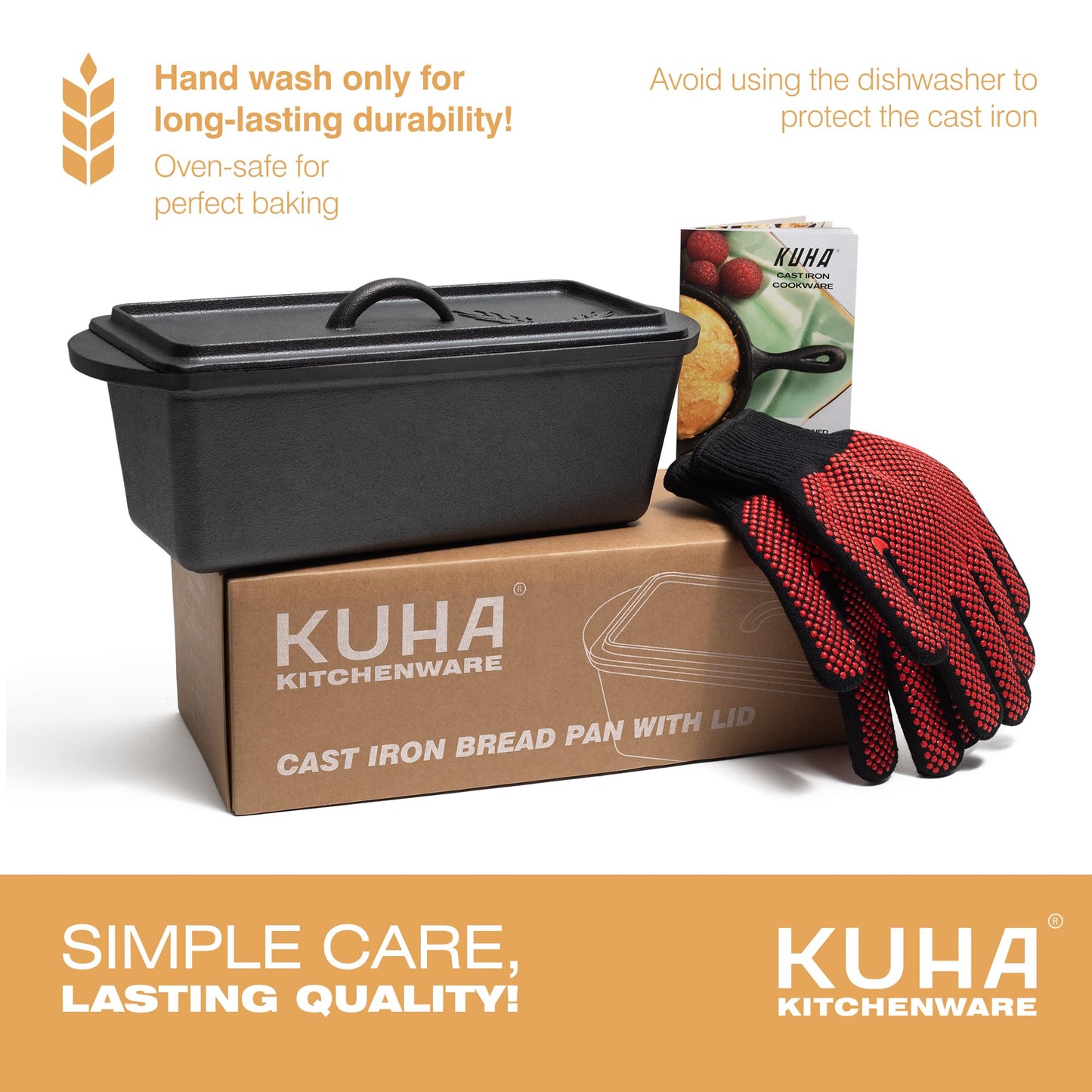 KUHA Cast Iron Bread Loaf Pan with Lid + Heat Resistant Gloves - Pre-Seasoned Cast Iron Bread Pan with Handles - Oven-safe bread pans for homemade bread - Ideal Loaf Pans for Campfire or Home Kitchen