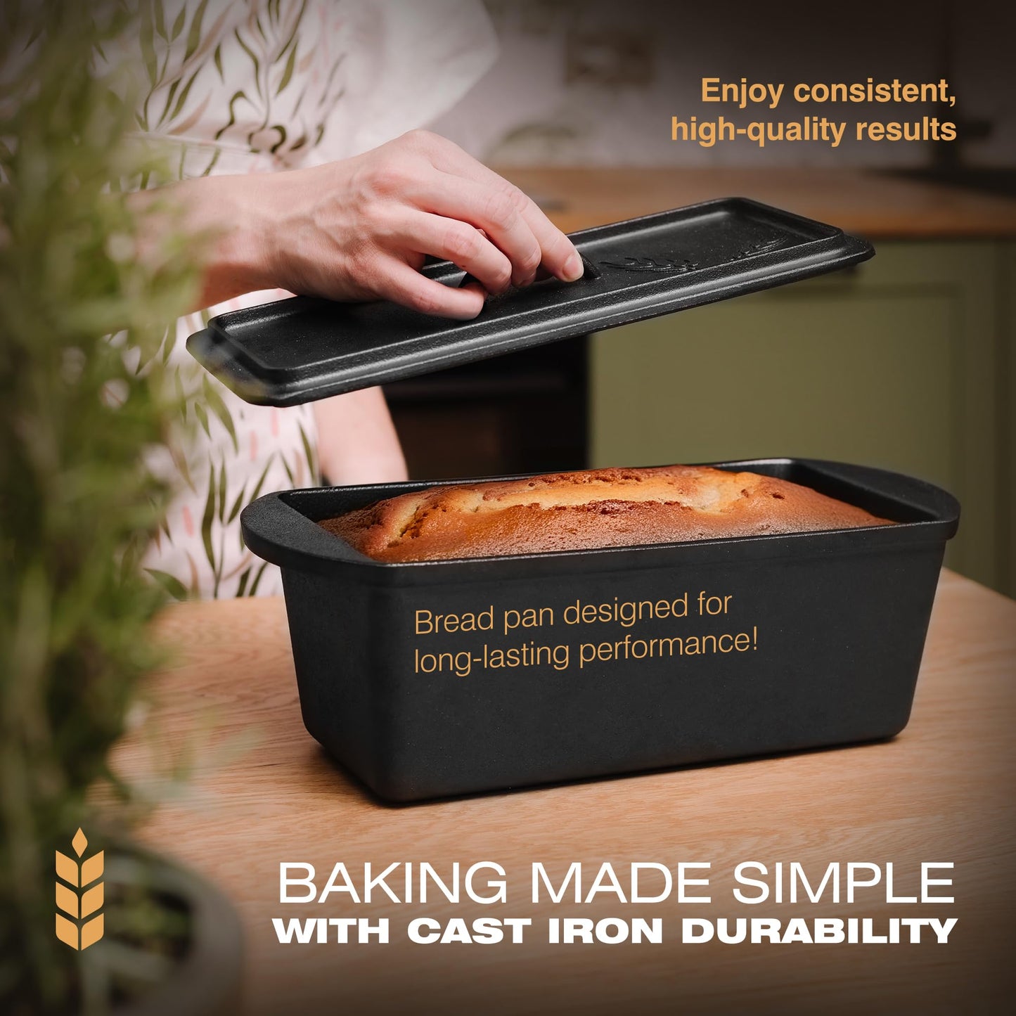 KUHA Cast Iron Bread Loaf Pan with Lid + Heat Resistant Gloves - Pre-Seasoned Cast Iron Bread Pan with Handles - Oven-safe bread pans for homemade bread - Ideal Loaf Pans for Campfire or Home Kitchen