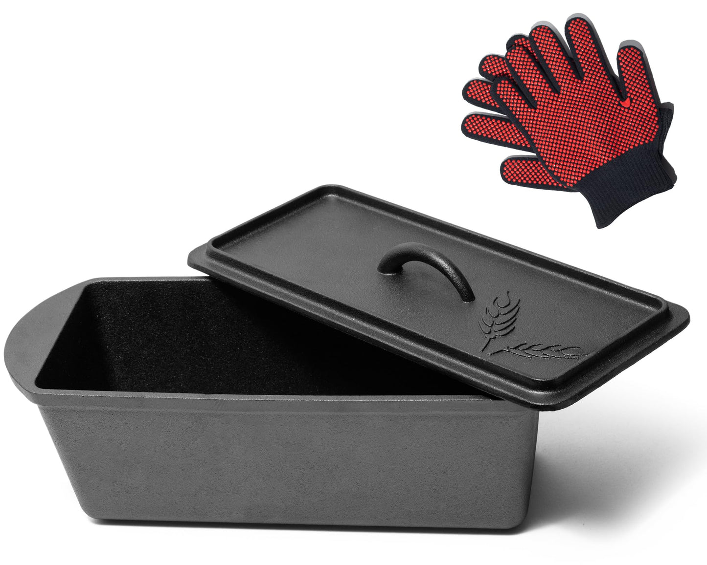 KUHA Cast Iron Bread Loaf Pan with Lid + Heat Resistant Gloves - Pre-Seasoned Cast Iron Bread Pan with Handles - Oven-safe bread pans for homemade bread - Ideal Loaf Pans for Campfire or Home Kitchen