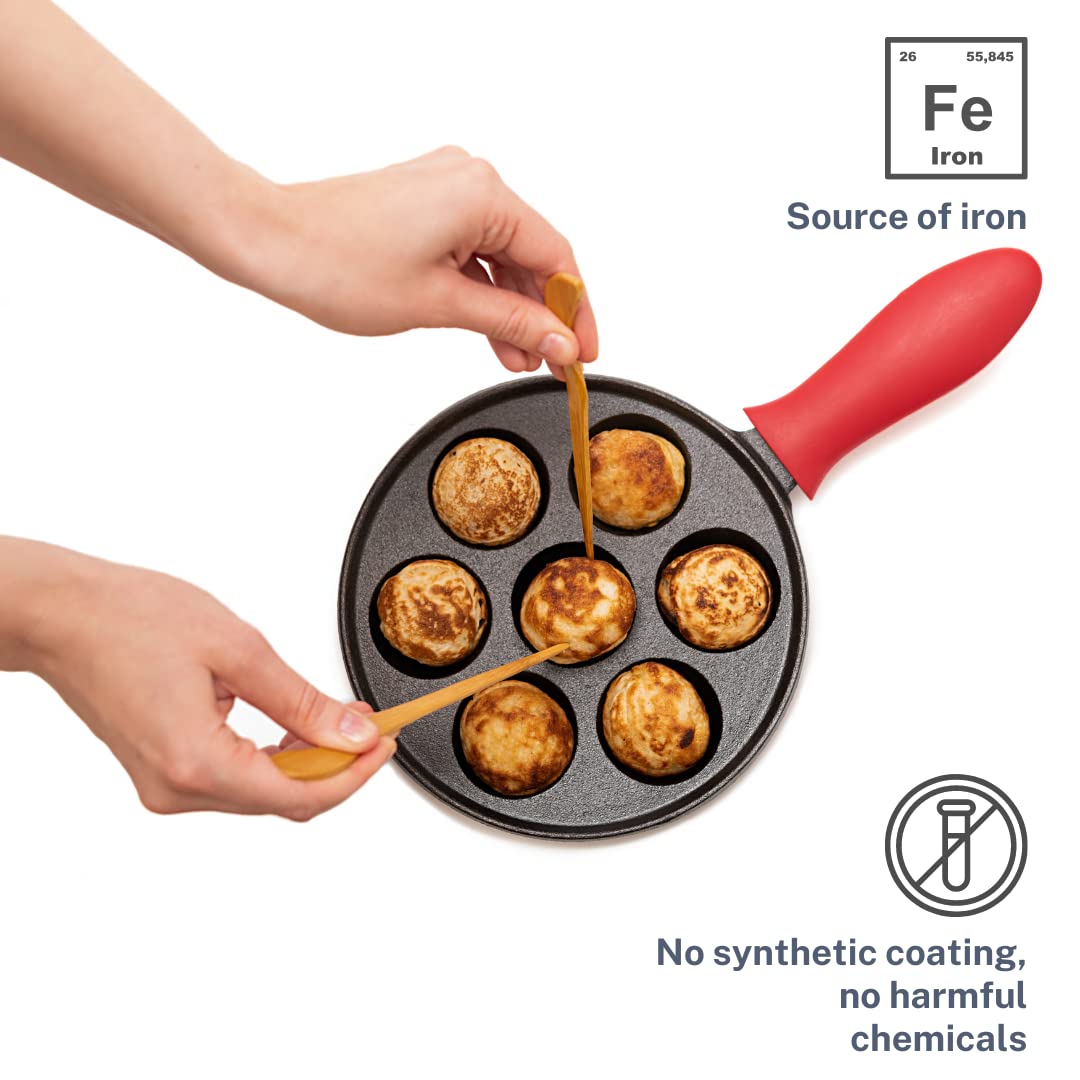 Cast Iron Aebleskiver Pan for Authentic Danish Stuffed Pancakes - Complete with Bamboo Skewers, Silicone Handle and Oven Mitt - by KUHA