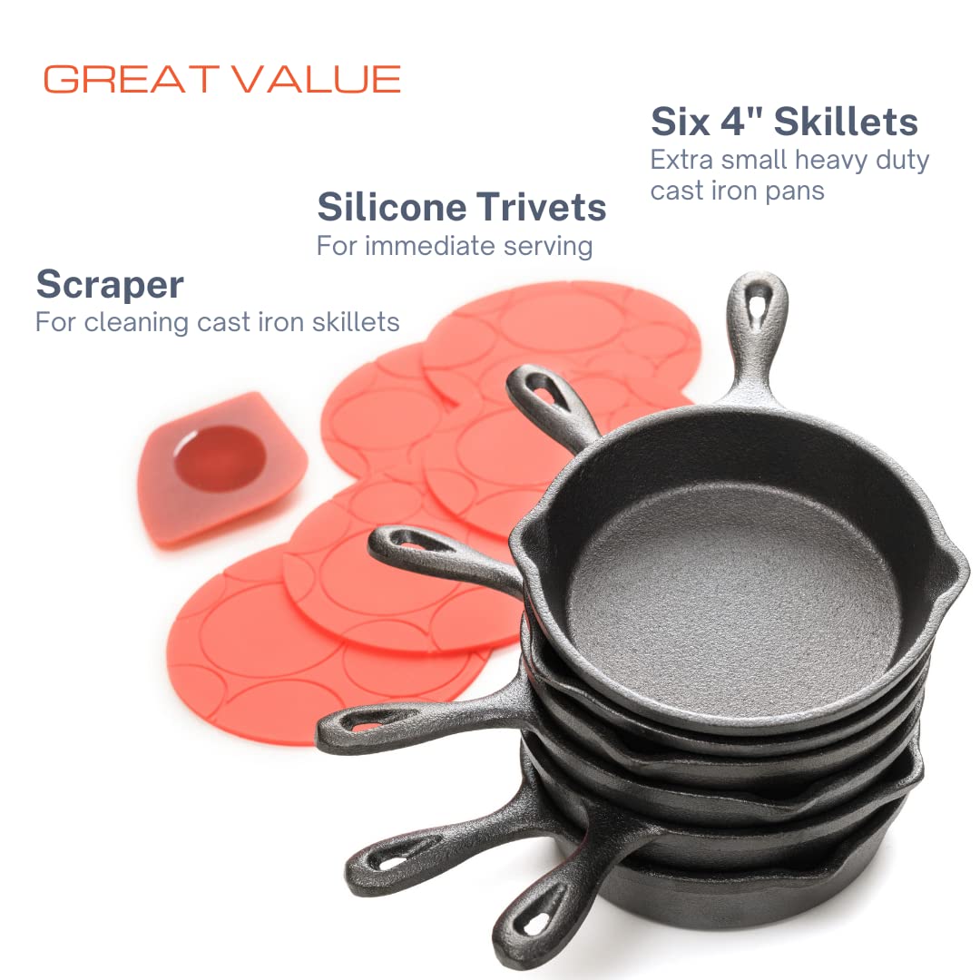 KUHA Mini Cast Iron Skillets 4” - 6-Pack of Pre-Seasoned Miniature Skillets  - with 6 Small Silicone Trivets and Cast Iron Scraper