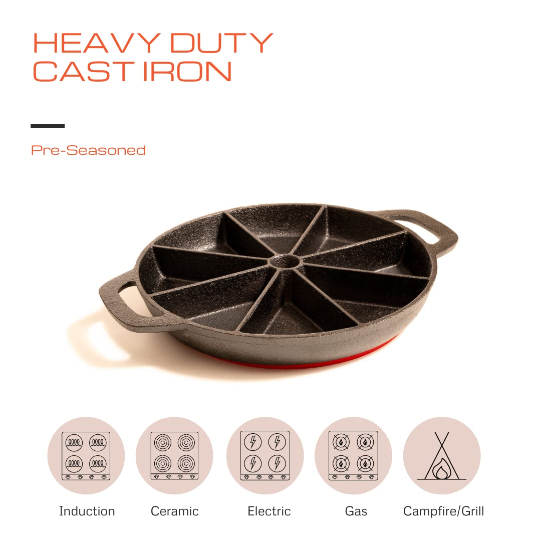 Cast Iron Scone Pan / Cornbread Pan for 8 Wedge Shaped Bakes, Pre-Seasoned - Comes with Oven Mitts, Silicone Trivet and Oil Brush - by KUHA