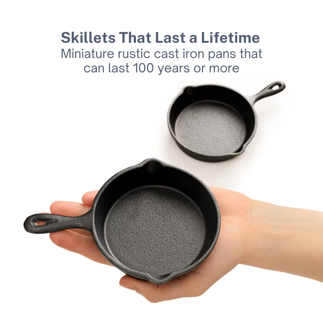 KUHA Mini Cast Iron Skillets 4” - 2-Pack of Pre-Seasoned Miniature Skillets - with 2 Small Silicone Trivets and Cast Iron Scraper