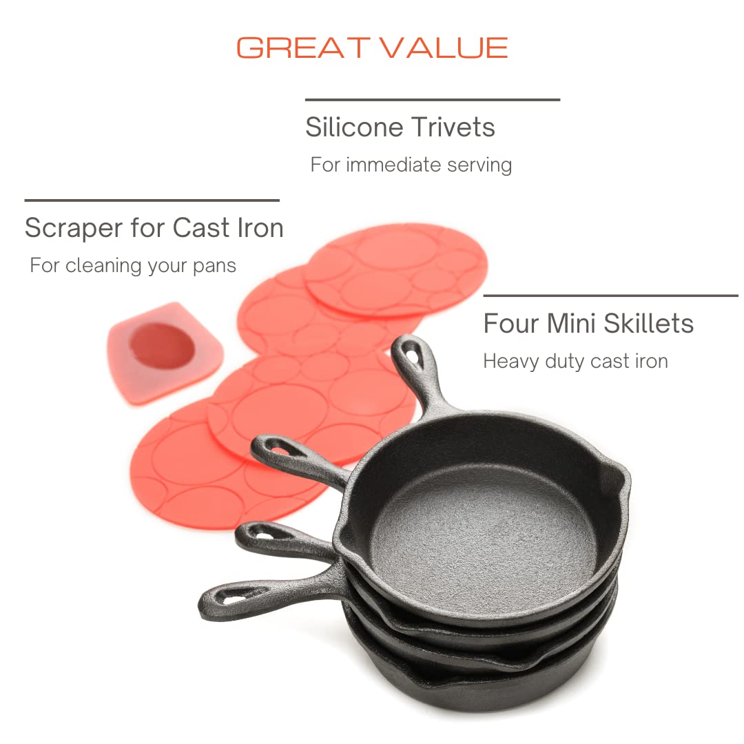 KUHA Mini Cast Iron Skillets 4” - 4-Pack of Pre-Seasoned Miniature Skillets  - with 4 Small Silicone Trivets and Cast Iron Scraper