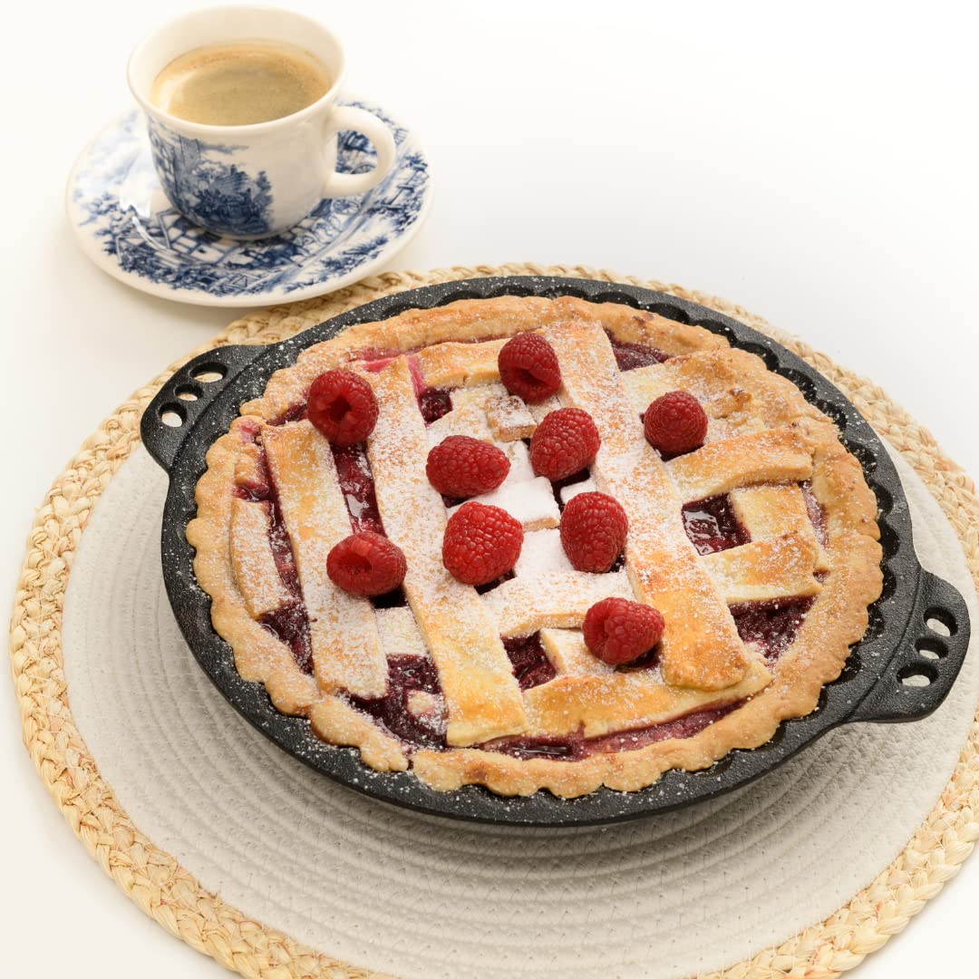 Pie Pan - 9” Cast Iron Skillet for Baking Apple, Pumpkin, Cherry Pies - with Silicone Trivet - by KUHA