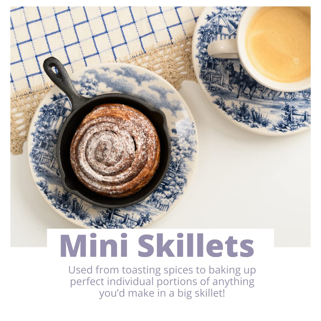 KUHA Mini Cast Iron Skillets 4” - 2-Pack of Pre-Seasoned Miniature Skillets  - with 2 Small Silicone Trivets and Cast Iron Scraper