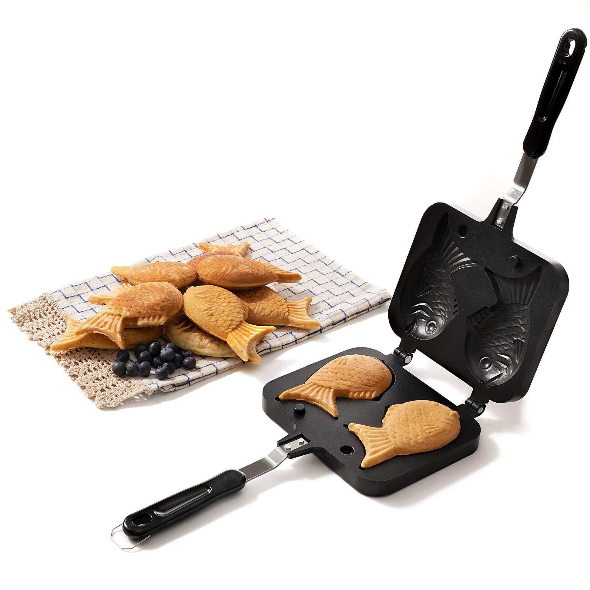 KUHA Cast Iron Aebleskiver Pan for Authentic Danish Stuffed Pancakes -  Complete with Bamboo Skewers, Silicone Handle and Oven Mitt