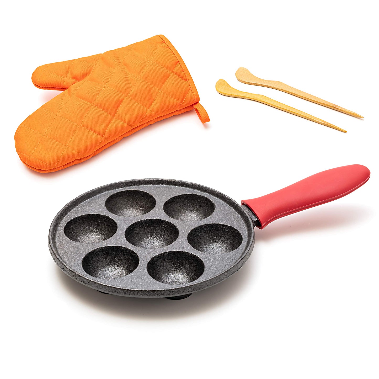 Cast Iron Aebleskiver Pan for Authentic Danish Stuffed Pancakes - Complete with Bamboo Skewers, Silicone Handle and Oven Mitt - by KUHA