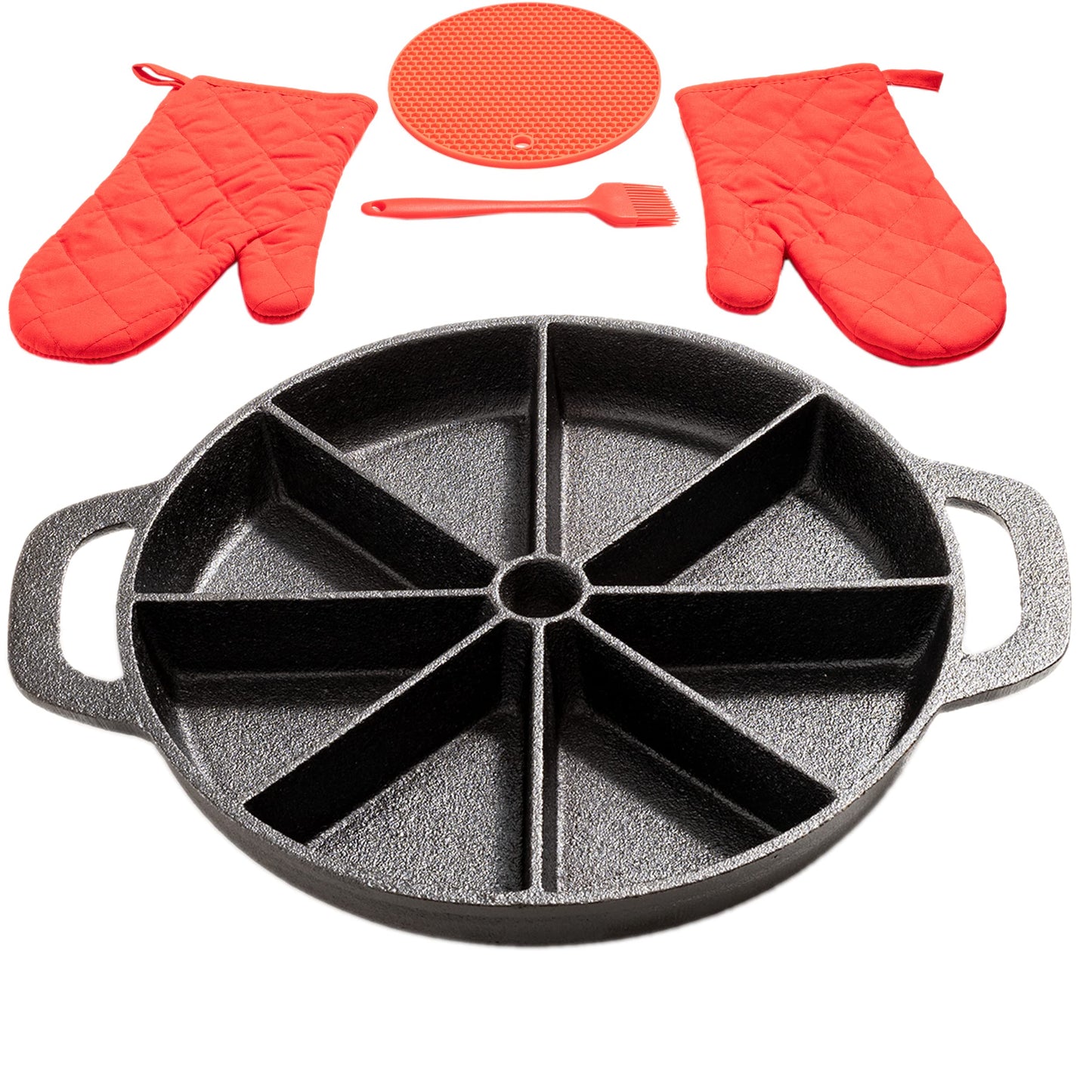 Cast Iron Scone Pan / Cornbread Pan for 8 Wedge Shaped Bakes, Pre-Seasoned - Comes with Oven Mitts, Silicone Trivet and Oil Brush - by KUHA